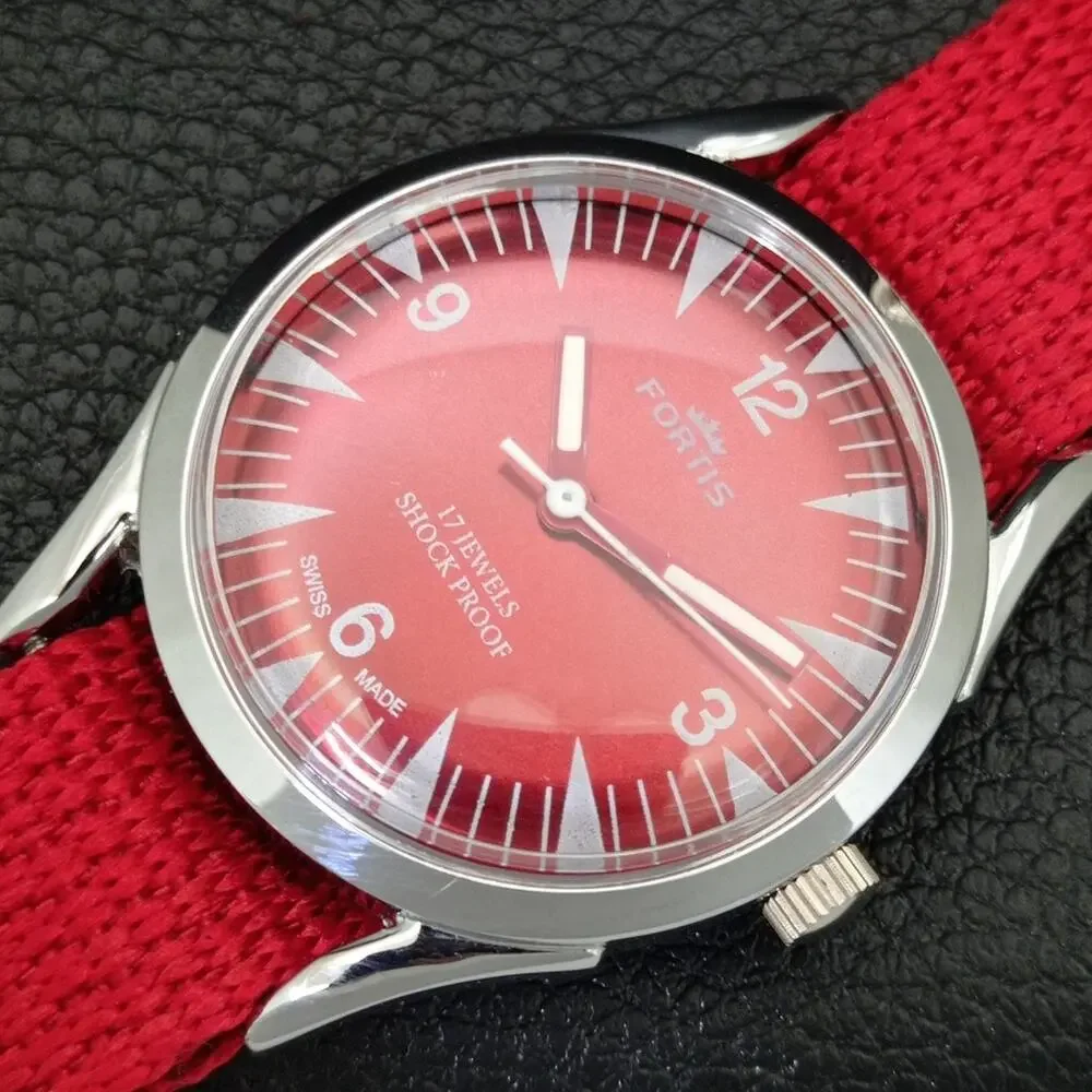 Vintage 1974 Fortis Manual Mens Silver Watch W/Nato Strap & Red accents